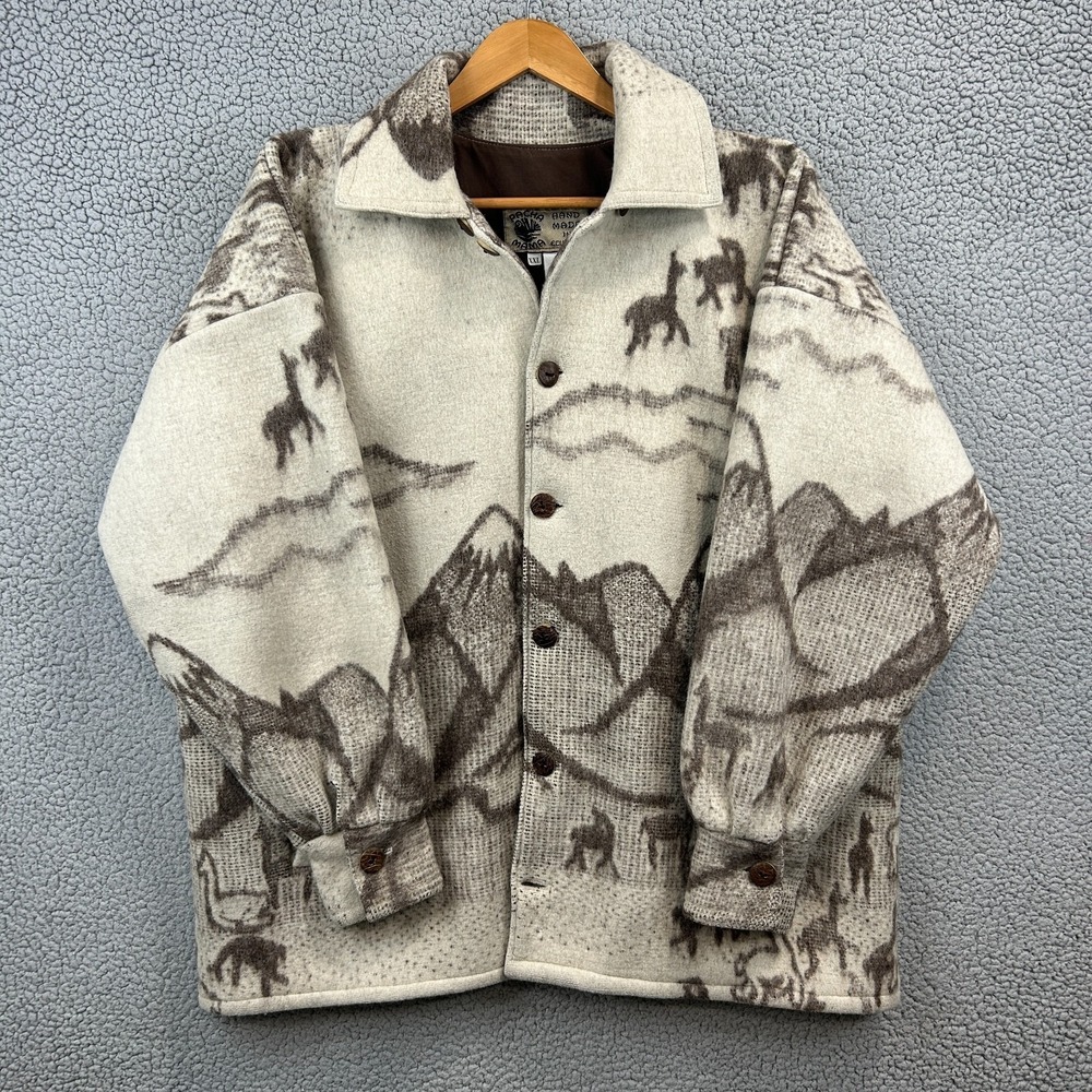 Vintage Pachamama Button Down 100% Wool Jacket Handmade In Ecuador Alpaca Winter